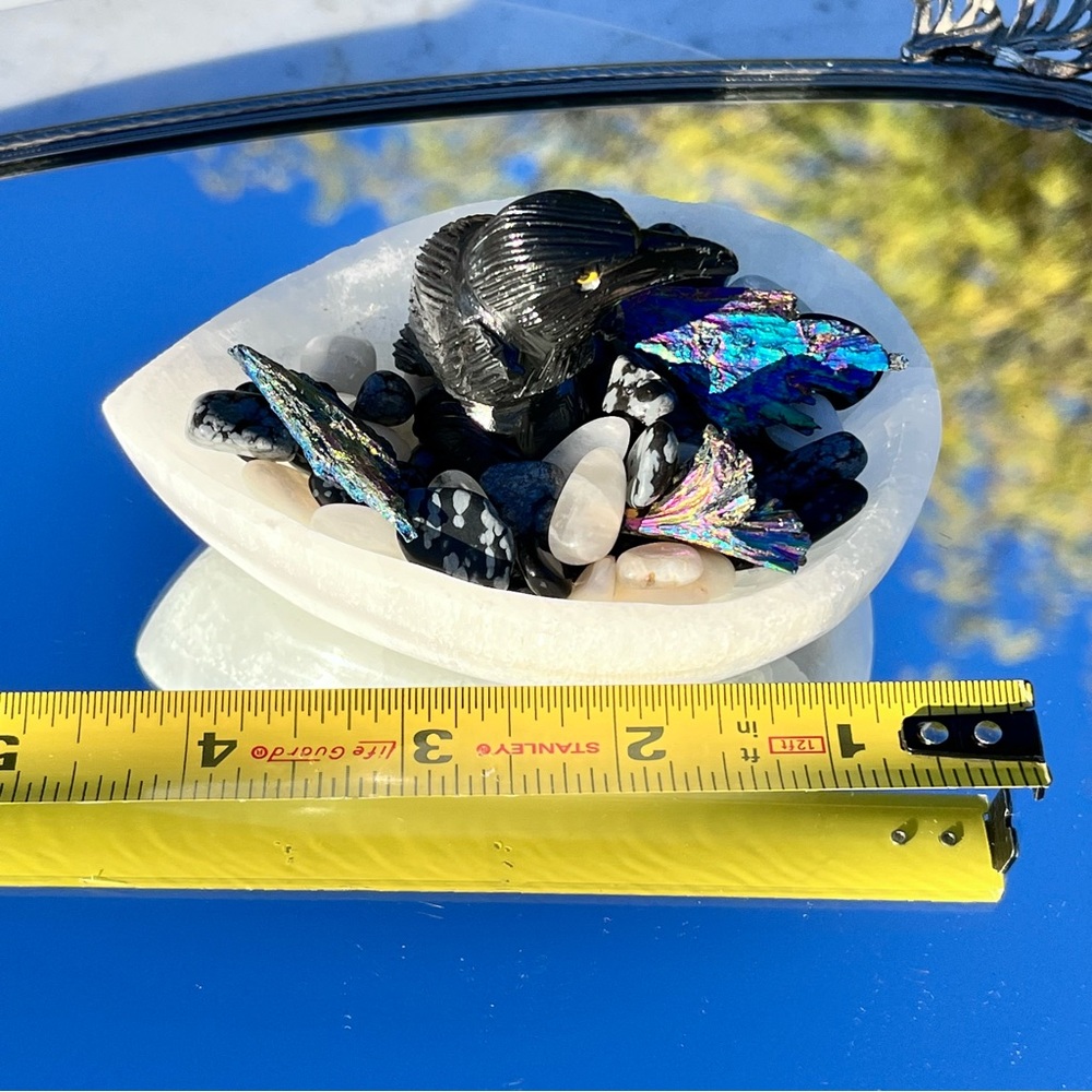 Black Obsidian Raven / Crow, Selenite Teardrop Bowl, Snowflake Obsidian Kyanite - Picture 14 of 15